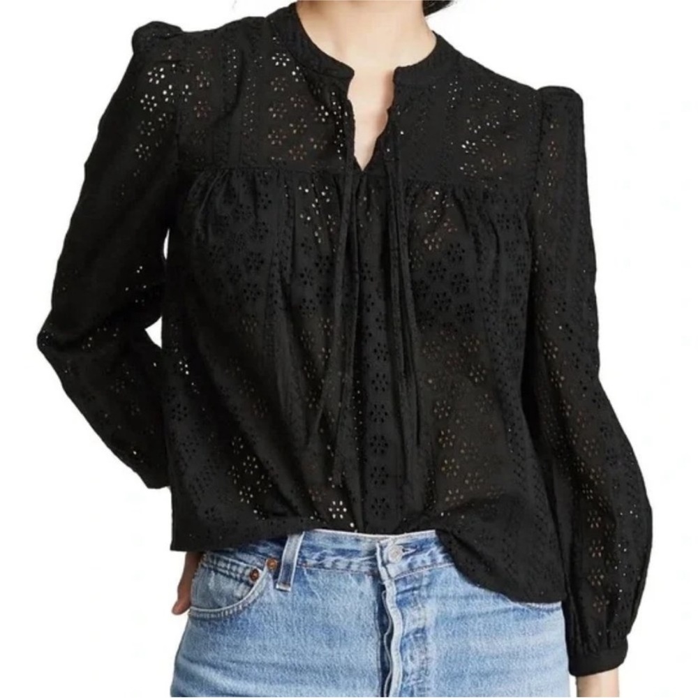 Madewell Eyelet Double Tie Peasant Black Top